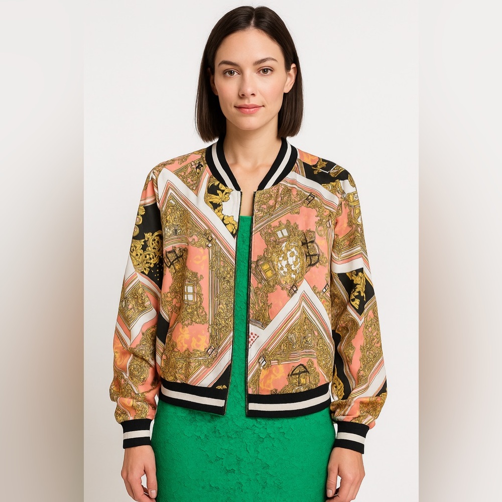 K Too Scarf‎ Print Satin Bomber Jacket Balloon Sleeve XL